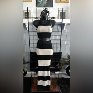 Black and Oatmeal Striped Two-Piece Halter Crop Top Midi Maxi Skirt Set
